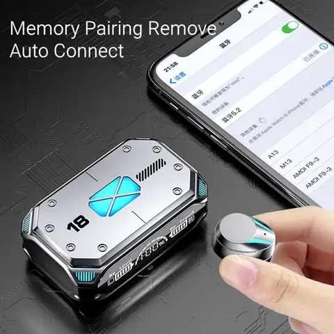 M41 Earbuds and charging case next to a smartphone showing Bluetooth pairing screen