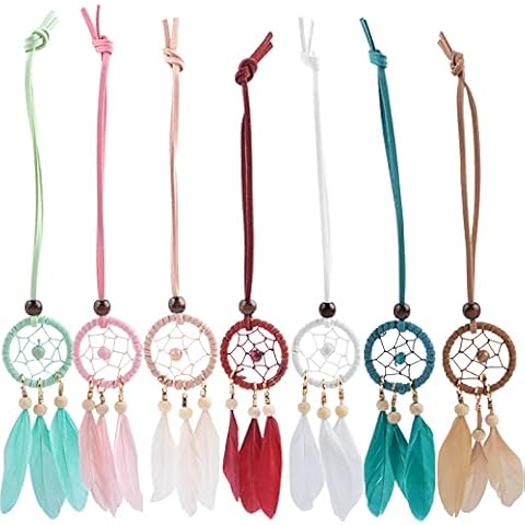 Intelligence Mini Dream Catchers, 7pcs Set Feather Dream Catcher for Car, Soft Cute Pink Room Pendant, Feather Air Pendant, Small Dream Catchers (Random Color, 8.3inch/21cm Cover