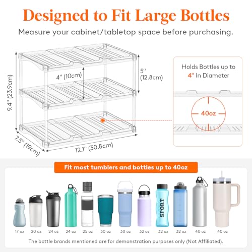 Lifewit Stackable Water Bottle Storage Organizer, Clear Freestanding Wine Bottle Holder for Cabinet, Tumbler Cup Organizer, Plastic Large Compartment Wine Rack for Fridge Cellar, 3Tier Hold 9 #1