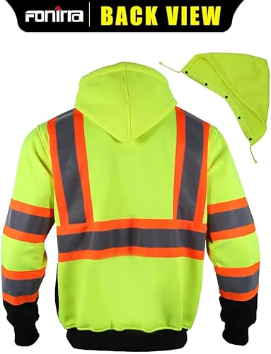 Miniatura 2 de FONIRRA Hi Vis - Sudadera con capucha de vellón de seguridad con cremallera para hombre, chaquetas reflectantes ANSI Clase 3, chaquetas capucha