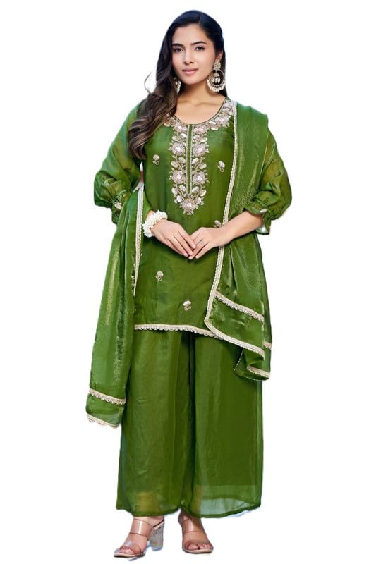 Women's Art Silk Embroidered Kurta Palazzo Set with Dupatta | Round Neck Ethnic Suit Set | Beads & Hand Work | Festive, Wedding For Women-picture-55