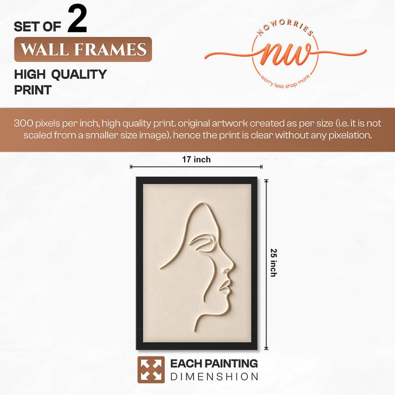Image of NoWorries Minimal Line Art Wall Painting Set of 2 with Frame | Abstract Woman Face & Botanical Flower Beige Artwork, Modern Neutral Wall Decor for Living Room, Bedroom, Office and Home Decoration (Art-18, 17x25inch)