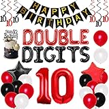 10th Birthday Decorations for Boys - Red & Black Double Digits Party Supplies with Foil Balloons, Hanging Swirls, Happy Birthday Cake Topper & Banner