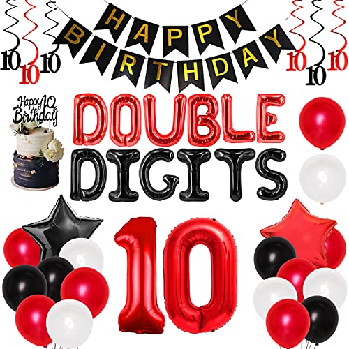 10th Birthday Decorations for Boys - Red & Black Double Digits Party Supplies with Foil Balloons, Hanging Swirls, Happy Birthday Cake Topper & Banner