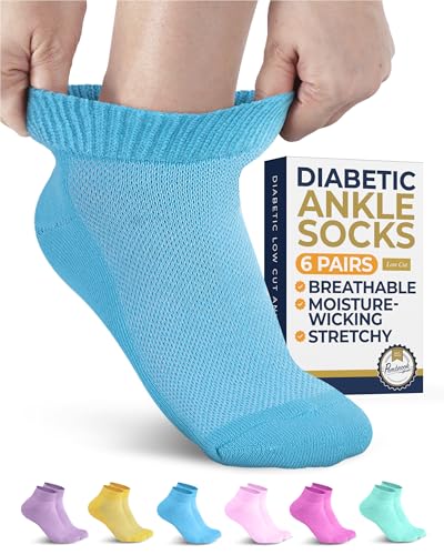 Pembrook Ankle Diabetic Socks for Women and Men - 6 Pairs | Low Cut Neuropathy Socks for Women | Yellow, Purple, Light Pink, Blue, Green, Pink