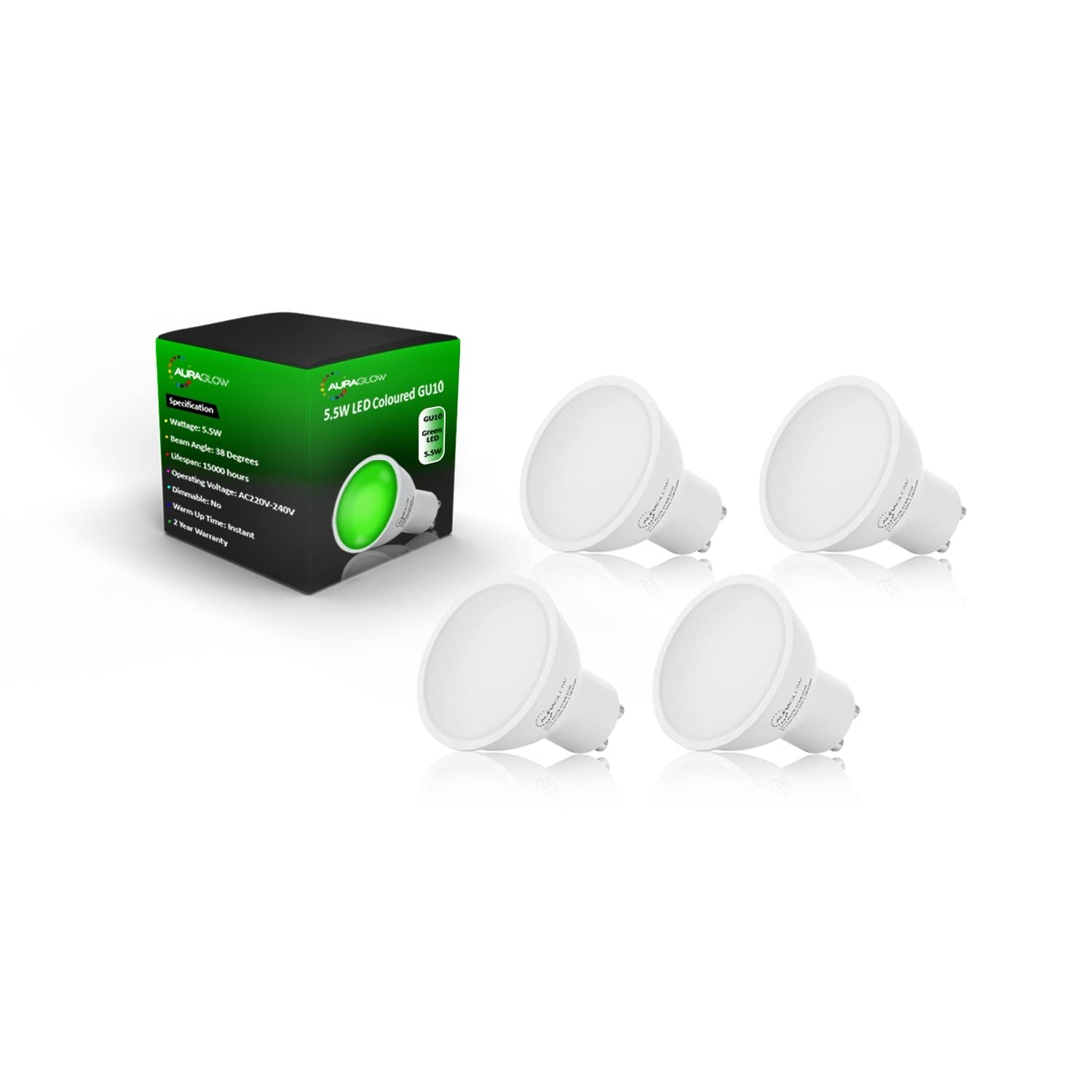 AuraglowLED Coloured GU10 Spotlight Light Bulb - Green - 4 Pack