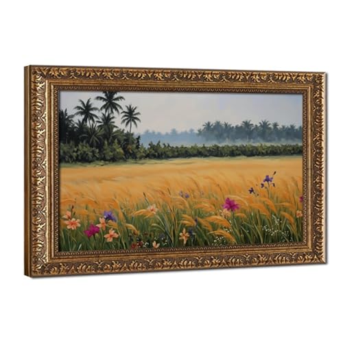 Toile paysage fleurs sauvages avec cadre doré rétro chic Mnyuein