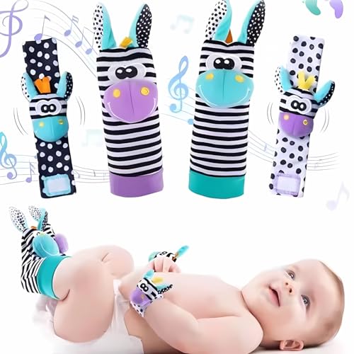 Combo 2 Meias e 2 Pulseiras Bebê com Chocalhos 0 a 12 Meses Menina Menino Conforto e Diversão (Zebrinha)