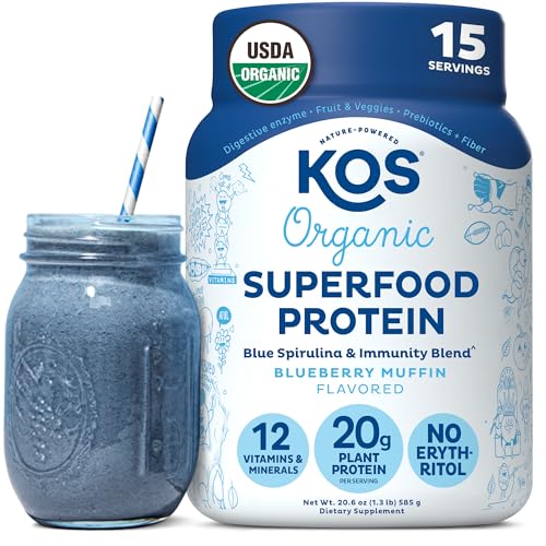 KOS Plant Based Protein Powder Blueberry Muffin - Organic Pea Protein Superfood with Spirulina and Immune Support Blend. Soy Gluten Dairy Free - Vegan Meal Replacement for Women & Men - 15 Servings