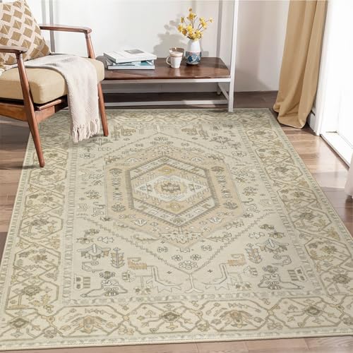 SERISSA 5x7 Boho Area Rug, Washable Non-Slip Rugs for Living Room, Large Beige Rug Ultra Soft Vintage Farmhouse Print Distressed Carpet for Bedroom Dining Room Dorm Office Home Decor