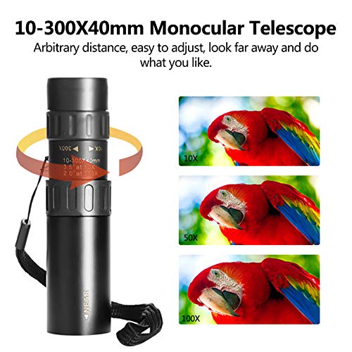Zwbfu Telescópio monocular 10-300X40mm com tripé de orte para srtphone para observação de pássaros,