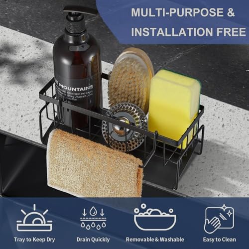 Image of Kitchen Sink Organizer Rack - Black Metal Sponge Holder with Drainage Base, Soap Dish Tray, Brush Holder & Rag Bar, Rustproof Storage Caddy for Counter or Sinkside