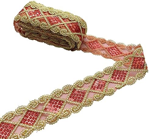 levylisa 10 Yards Beaded Lace Trim Sequins Lace Mesh Trim Lace Ribbon Applique Sewing Craft Supplies (Red)