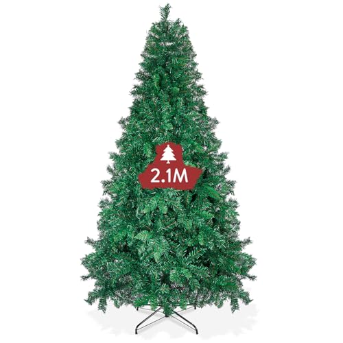 OUSFOT Árvore de Natal 210 cm, simulação artificial árvore de Natal 1099 ramos PVC com base de metal verde, ideal para sala de estar, Natal, decoração de lojas