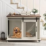 Dog Crate Furniture,37 Inch Indoor Dog Cage with Sliding Barn Door, Flip Top Dog Kennel End Table with Removable Divider, Farmhouse Wooden Pet House for Small to Middle Size Dogs