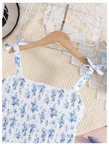 WDIRARA Girl's Floral Print Smocked Cami Dress Bow Tie Shoulder A Line Flowy Dress3