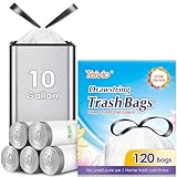 Drawstring Trash Bags-10 Gallon 120 Counts Medium Kitchen Garbage Bags by Teivio fit 30-35 Liter Garbage Bin, Large Trash Can Liners for Home, Office, Light Residential Waste Outdoor Lawn Bags, White