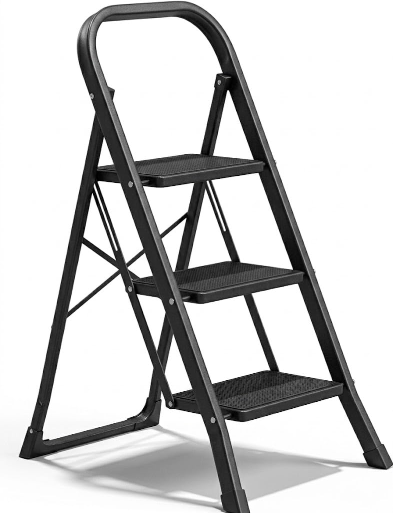 HYTAMA TOOLS Scala Scaletta 3 Gradini Pieghevole Black Mini, Nero con Piedini Antiscivolo, Struttura in Acciaio, Leggera, Multiuso, Certificata EN14183 Portata 150Kg