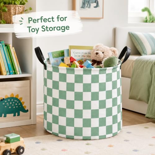 Image of MAIZMZ 3 Pack Sage Checkered Storage Baskets Kids Hamper, 15.7 inchD x13.3 inchH, Waterproof Lining, Leather Handles, Collapsible for Laundry, Toys, Clothes, Gift Set