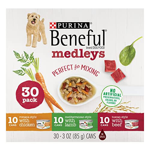 Purina Beneful Wet Dog Food Variety Pack, Medleys Tuscan, Romana & Mediterranean Style – (Pack of 30) 3 oz. Cans