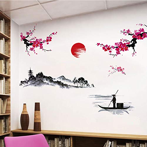 FUFUQUARE Flower Wall Stickers Japanese Style Red Plum Blossom Landscape Fisherman Wall Art Decals for Bedroom Living Room Office TV Wall - Image 3