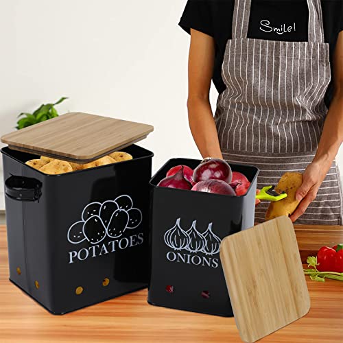 Image of Potato Onion Storage Bin, Kitchen Storage Canister Set of 2, Kitchen Pantry Organizer Tin - Vegetable Fresh Keeper with Aerating Tin Storage Holes & Wooden Lid (Black)
