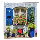 Newhomestyle 3D Printing Home Garden Flowers Shower Curtain, Blue Window Garden Decoration, Waterproof Quick-Drying Polyester Fabric Bathroom Curtain with 12 Hooks, 180X180cm/ 71X71 in