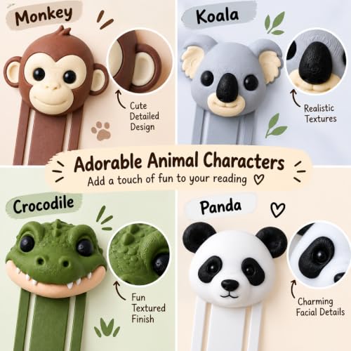 Image of 4 Pack Cute Animal Bookmarks Set | Monkey, Koala, Crocodile, Panda