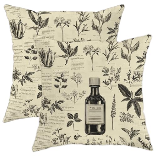 Herbal Pillow Covers Set of 2, Vintage Botanical Print Throw Pillow Cases, Home Decorative Square Rustic Decor Cushion Covers for Living Room Sofa Bed 20x20 Inch
