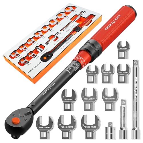 PRIDE&CRAFT 14-Piece Crowfoot Wrench Set 3/8 Inch Drive Click Torque Wrench with Metric Crowfoot Wrench Heads (10-19mm) 2 Extension Bars 1/2F - 3/8M Universal Joint One Set for All Purposes