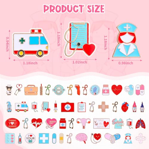 50Pcs Nurse Pins Bulk, Cute Enamel Medical Brooch for Badge, Stethoscope Hearts Bandages Pins for Nurses' Day Gifts for Decor Clothes and Bags3