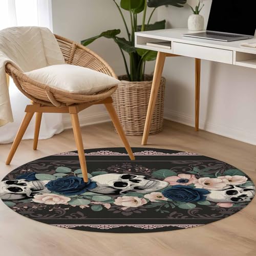 Round Area Rug 4 Ft-Halloween Spooky Skull Rose Flower Non-Slip