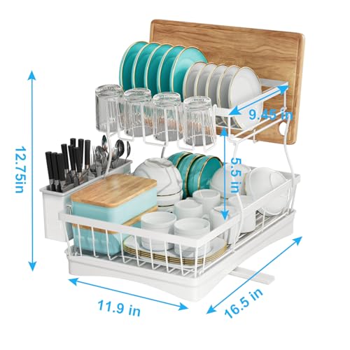 7 code Large Dish Drying Rack, 2-Tier Dish Racks for Kitchen Counter, Detachable Large Capacity Dish Drainer Organizer with Utensil Holder, Dish Drying Rack with Drain Board, White - Thumbnail 3