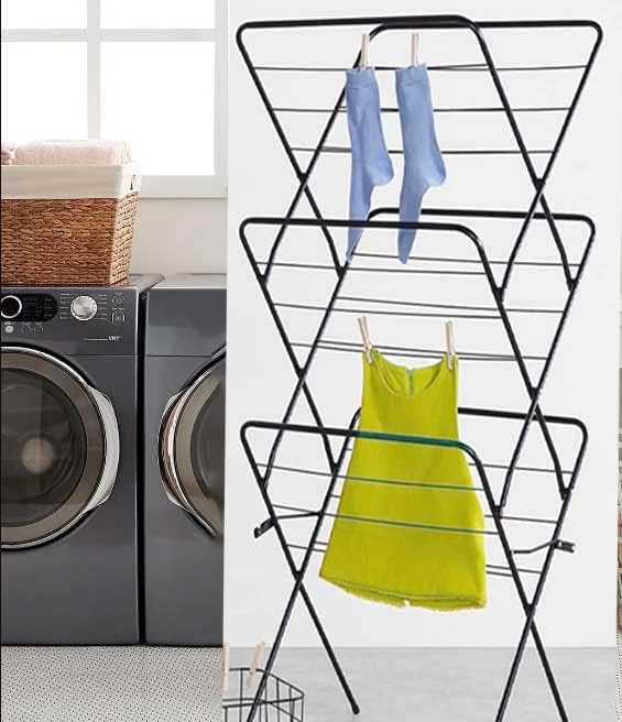 AAMEN 3 Tier Folding Clothes Airer With 20 Pegs, Foldable Metallic Clothes Dryer With 12m Drying Space, Laundry Rack, Washing Airer, Perfect For Indoor & Outdoor Use_ BLACK