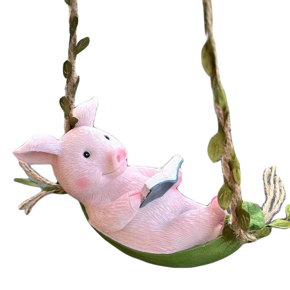 Decorative Piggy Shape Statue Resin Adorable Pig Swing Sculpture Ornament Waterproof Hanging Pig Swing Figurine for Outdoor Balcony Patio Tree Decor