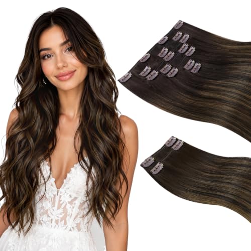 Image of Sunny Hair Clip in Hair Extensions Real Human Hair Balayage 18 Inch 170g | Remy Hair Clip in Extensions Dark Brown Balayage for Thick and Full Hair with Natural Thickness, Heat Styling Friendly