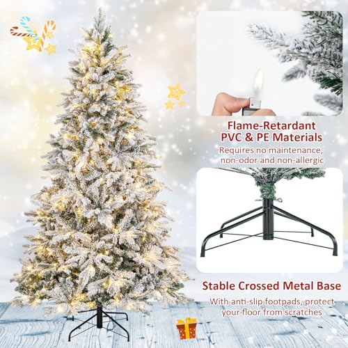 Image of Goplus 7ft Pre-Lit Snow Flocked Christmas Tree, Artificial Hinged Xmas Tree with 1687 Branch Tips, PE & PVC Mixed Leaves, 300 Warm-White LED Lights, Foldable Metal Base, for Home Office Holiday Decor