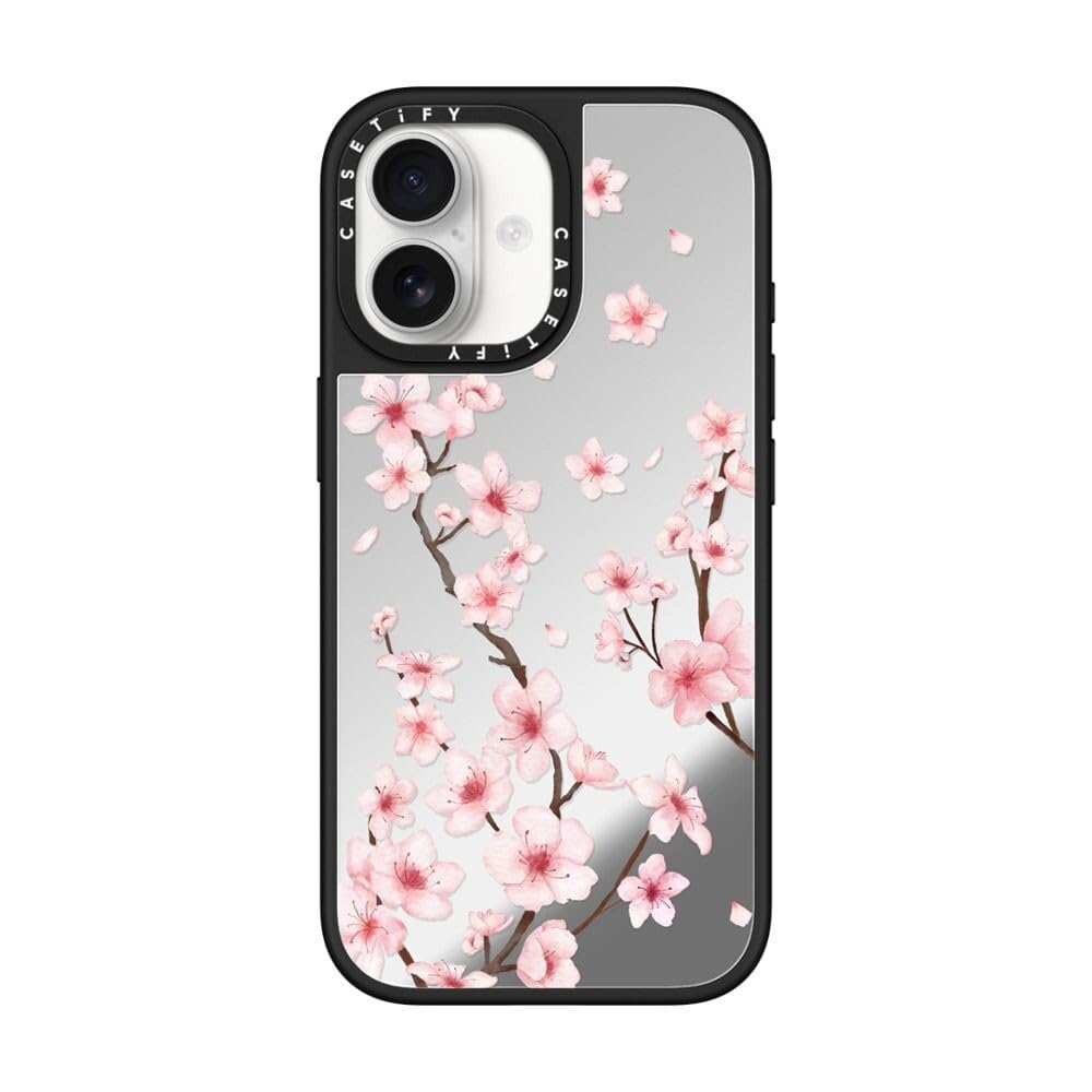 CASETiFY ミラー iPhone 17 ケース [鏡面(スマホカバー)/MagSafe対応/指紋防止] - Sakura Flowers - シルバー (ブラックバンパー)