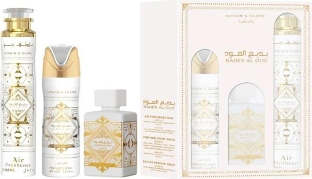 Badee Al Oud – Honor & Glory Geschenkset 100 ml Eau de Parfum + 200 ml Deo + 300 ml Raumspray