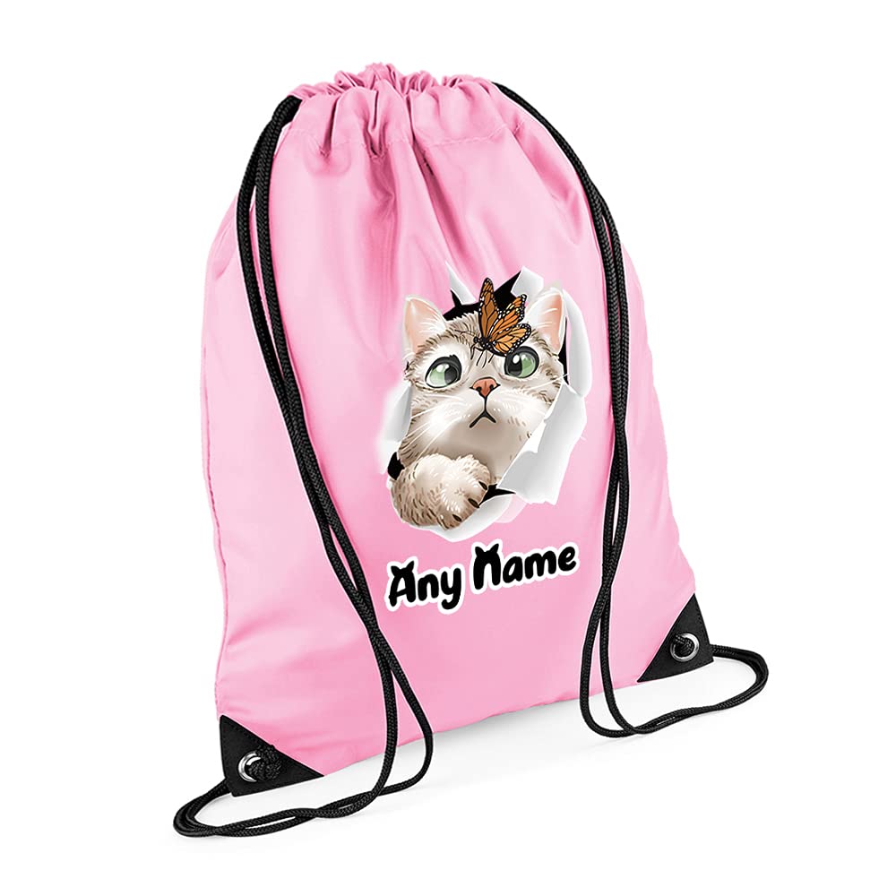 Personalised Butterfly on Cat face Hidden Cat Funny Kitten Cat Birthday Gift Drawstring Bag, PE Gym Kit, Swimming Rucksack. (Classic Pink)