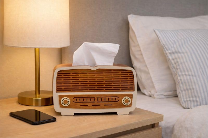 Image of Radio Wooden Tissue Box - Retro Tissue Holder for Home, Office & Car | Creative Wooden Napkin Dispenser | Decorative Tissue Case for Living Room & Bedroom (Radio Tissue Holder)