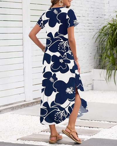 Image of MISFAY Women's Summer Maxi Dress 2026 Casual Short Sleeves V Neck Loose Sundress Split Long Beach T Shirt Dress