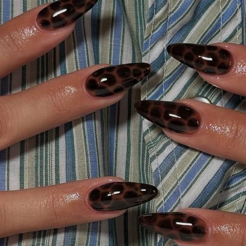 Image of Medium Almond Press on Nails Full Tortoise Shell Amber Fake Nails for Women