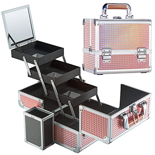 Costravio Train Case Cosmetic Box with Mirror & Brush Holder Home or Travel Organizer for Make-up Storage Box with 3-Tier Tackle Trays Portable Lockable - Dazzling Gold