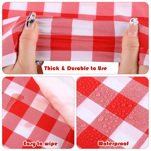 Image of Kochorie 54 Inch x 100 Ft Red Checkered Plastic Table Cloth Roll Disposable Waterproof Table Cover Plastic Table Cover Roll with Easy Slide Cutter for Outdoor Picnic /Home Dining /Summer Party