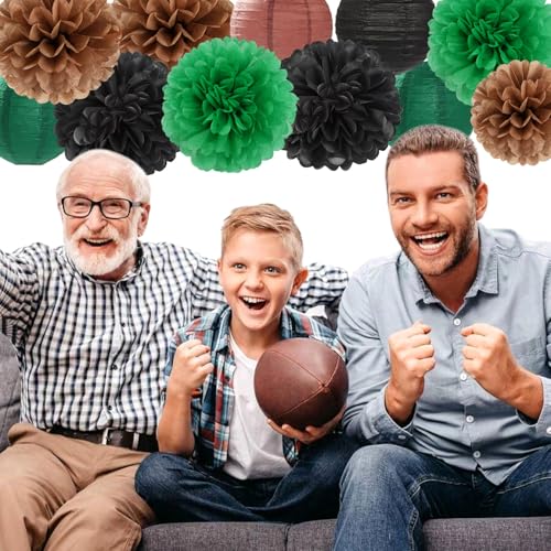 Image of Football Party-Decorations Paper-Flowers - 15pcs Green Brown Black Tissue Pom Poms Lanterns Streamers,Birthday Baby Shower Bachelorette Hanging Supplies Decor Hugfond