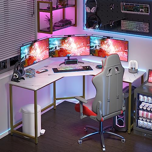 Merronix L-Shaped Computer Desk, Corner Desk For Home Office Gaming Desk Pc Laptop Table With Spacious Desktop(White Marble And Gold) #TOP6