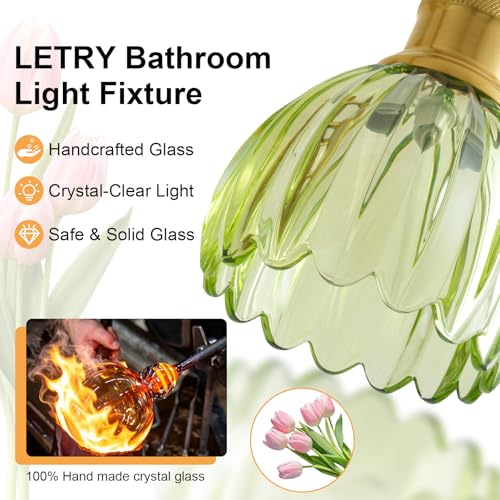 Image of Bathroom Light Fixtures, 4-Light Brushed Gold Vanity Lights for Bathroom with Green Tulip Glass Shade, 26 inch Vintage Bathroom Vanity Lighting Fixtures Over Mirror for Bedroom Living Room Hallway