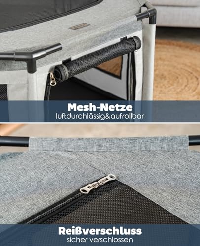 lionto Welpenauslauf aus Oxford-Gewebe, atmungsaktives Netz mit Reißverschluss & Seitentasche, Freilaufgehege für Hunde & Katzen mit Rahmen aus PVC-Rohren, achteckiger Hundekäfig, 112x112x62 cm, grau