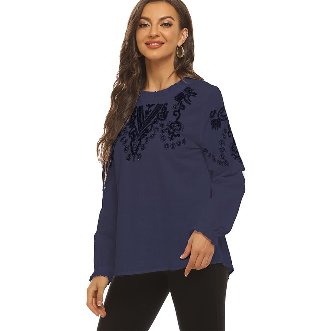 Boho haftowane bluzki koszula okrągły dekolt biała bawełniana koszula vintage długi rękaw damski etniczny top
